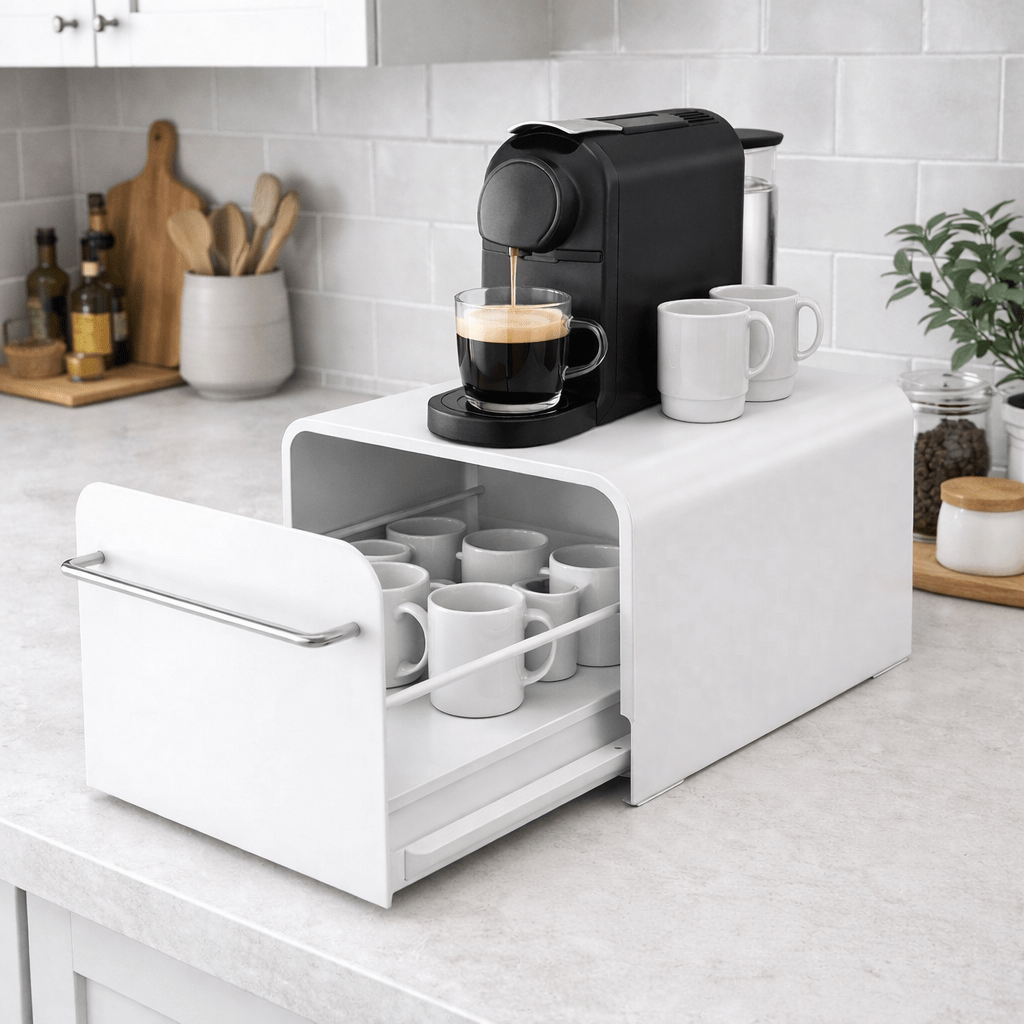 coffee machine stand with storage drawer metal countertop organiser box for cups and coffee accessories kitchen worktop space saving rack