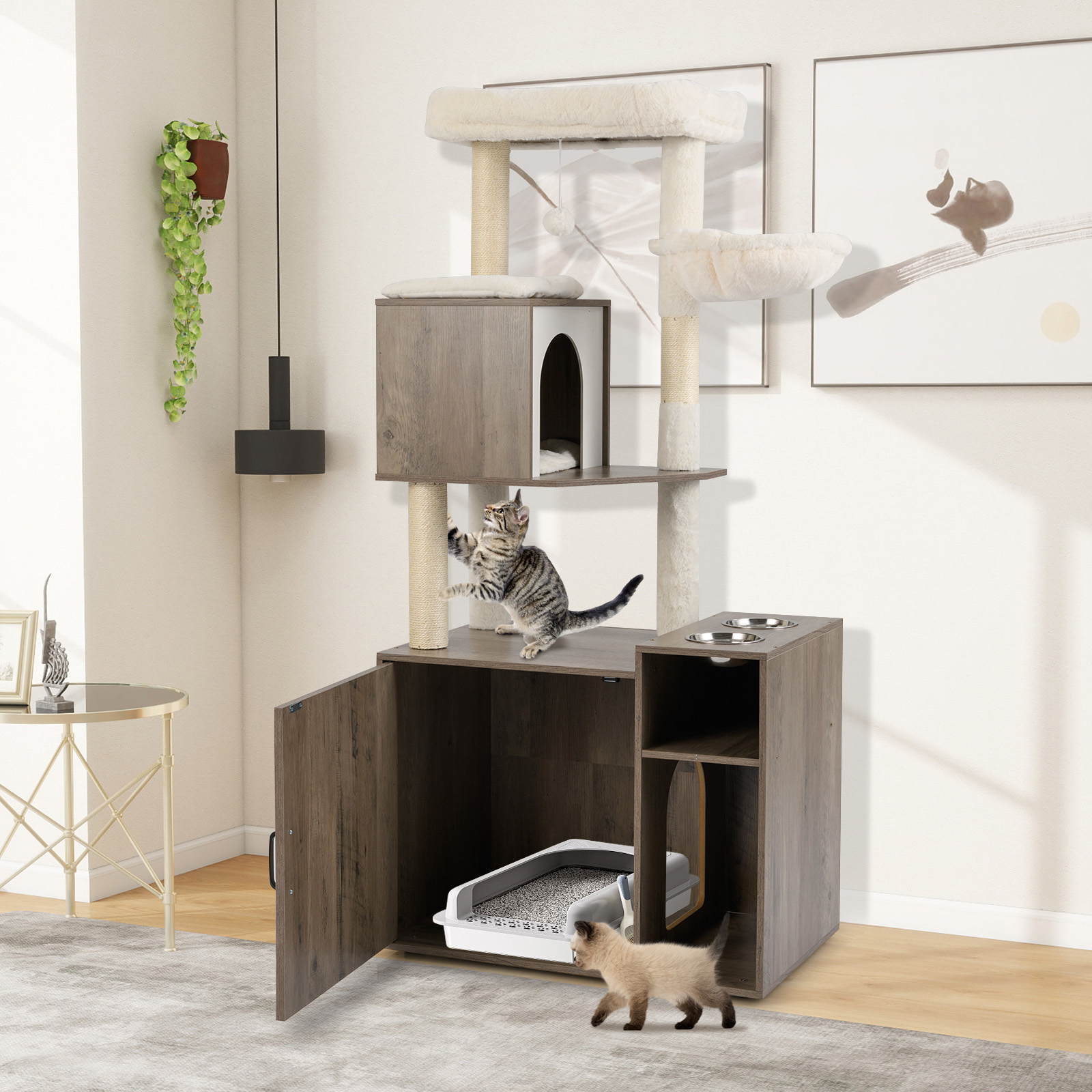 Image of Cat Litter Box Enclosure, Cat Climbing Tower W/sisal Scratching Post & Mat, Dangling Ball, Hidden Washroom, 2 Feeding Bowls, Modern Hidden Box Furniture For Medium-sized Cats