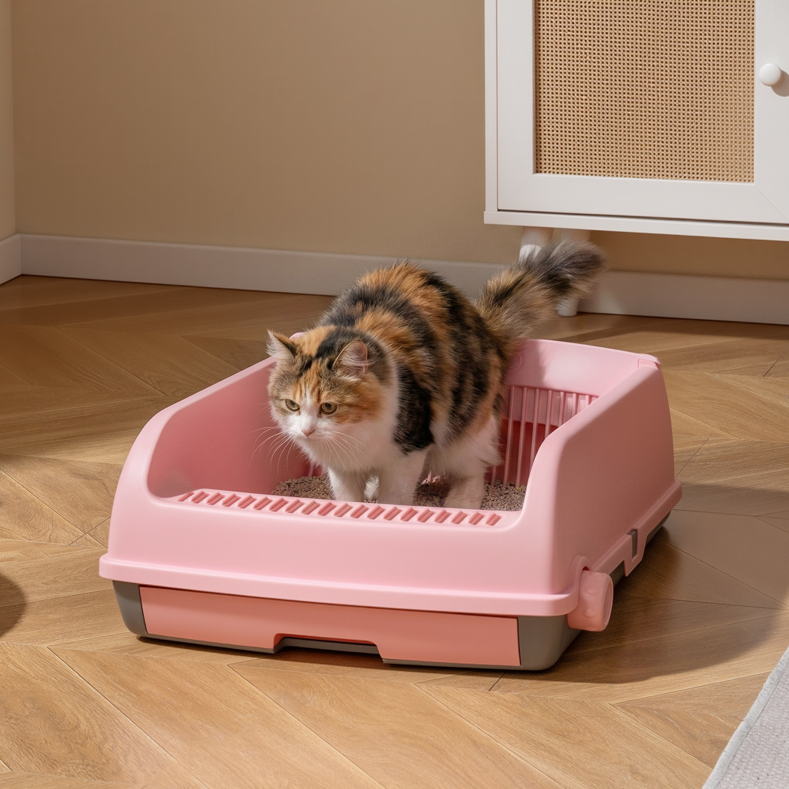Image of Cat Litter Box With High Side, Cat Toilet W/ Drawer-type Potty Tray, Sliding Scoop & Sand Filter Pedal, Semi- For Cats Under 10 Kg, Easy To Clean