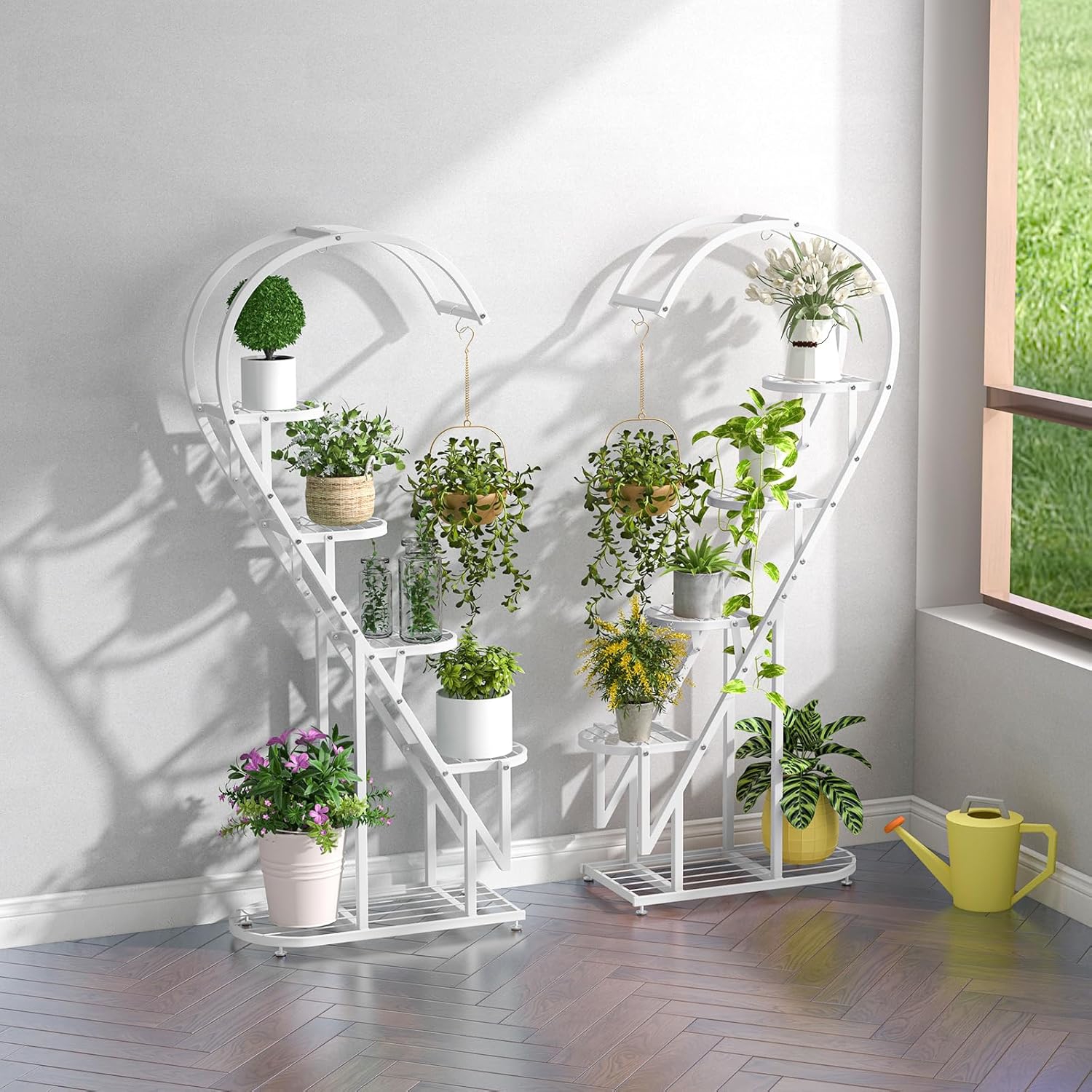Image of 5 Tier Metal Plant Stand, Heart-shaped Ladder Plant Shelf W/hanging Hook For Multiple Plants, Indoor Tiered Flower Display Shelf For Living Room Bedroom Balcony, White (2 Pack)