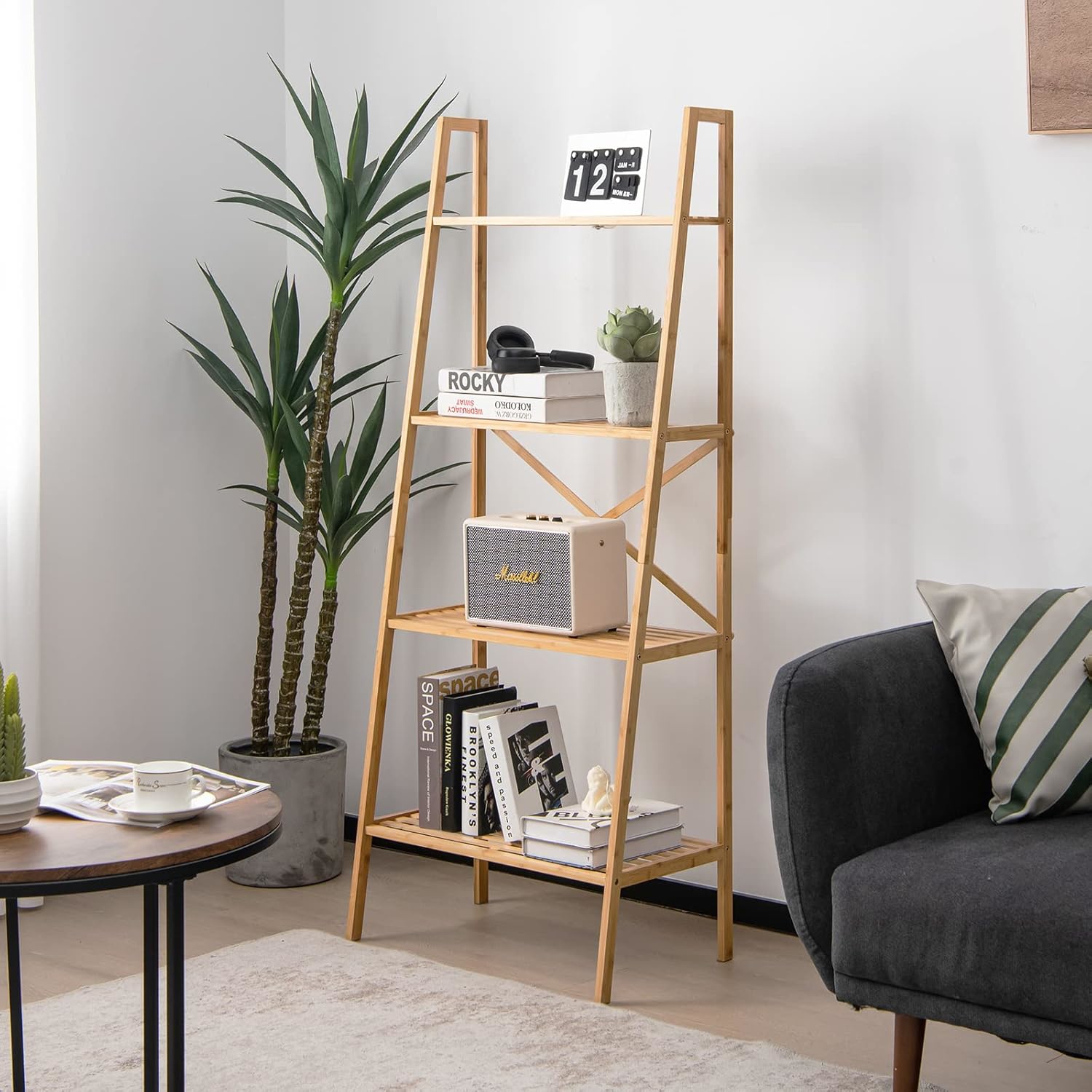 Bamboo Ladder Bookshelf, 4-tier Freestanding Bookcase, 58" Tall Ladder Shelf With Anti-toppling Device
