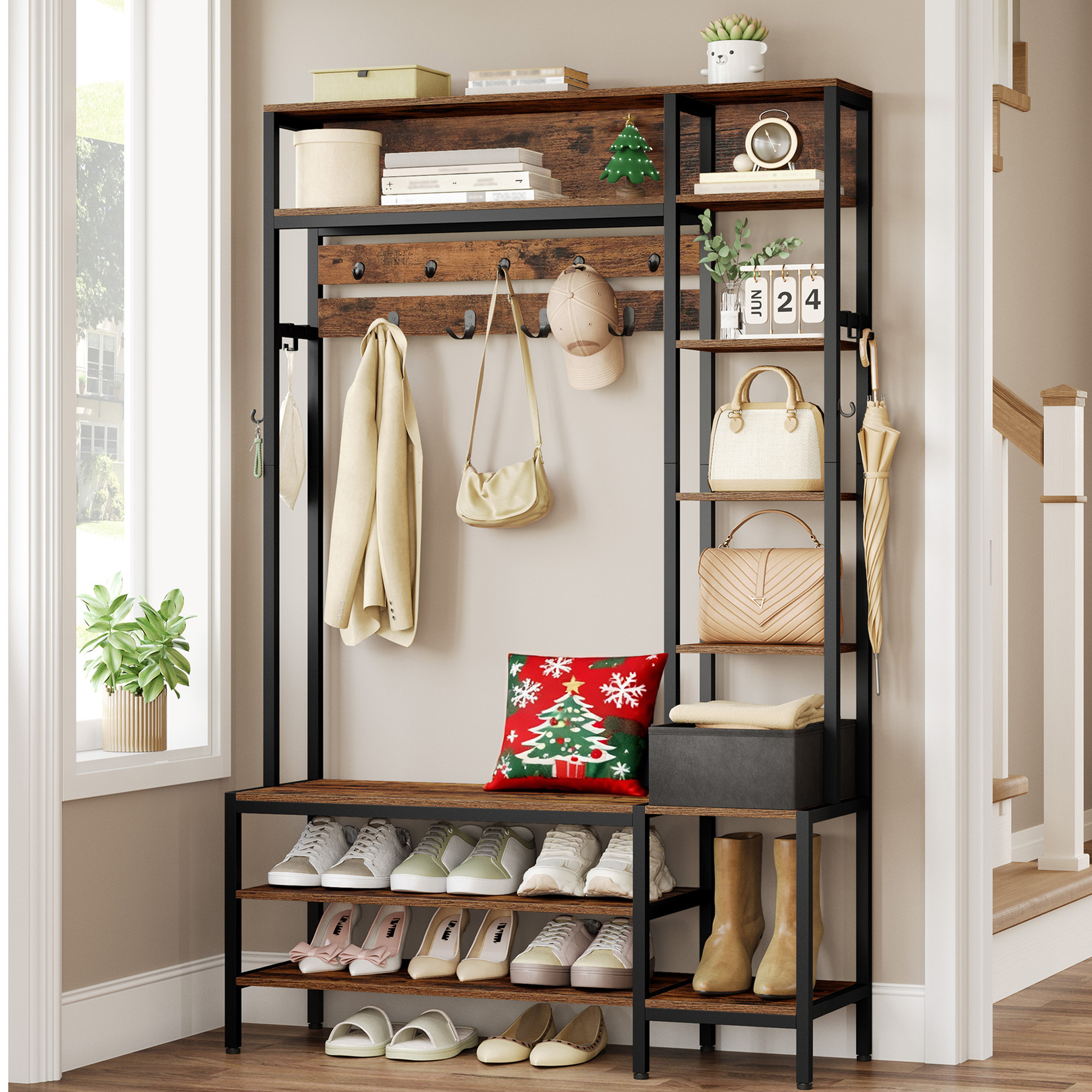 Image of Coat Rack, Entryway Furniture With Bench, 1 Fabric Basket, 15 Hooks, 8 Open Storage Compartments, For Entryway, Bedroom, 40 X 120 X 190.5 Cm, Brown And Black