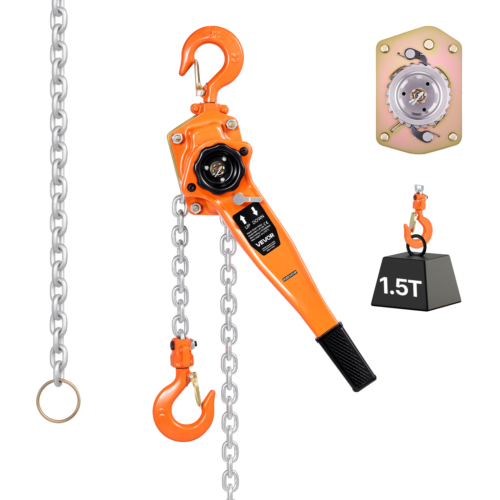 Image of Vevor Manual Lever Chain Hoist, 1-1/2t 1500kg Capacity Heavy Duty Come Along, 6m Lift G80 Alloy Steel Chain With Dual Pawl Mechanical Brake, 360° Rotating Hooks, For Warehouse Construction Garage