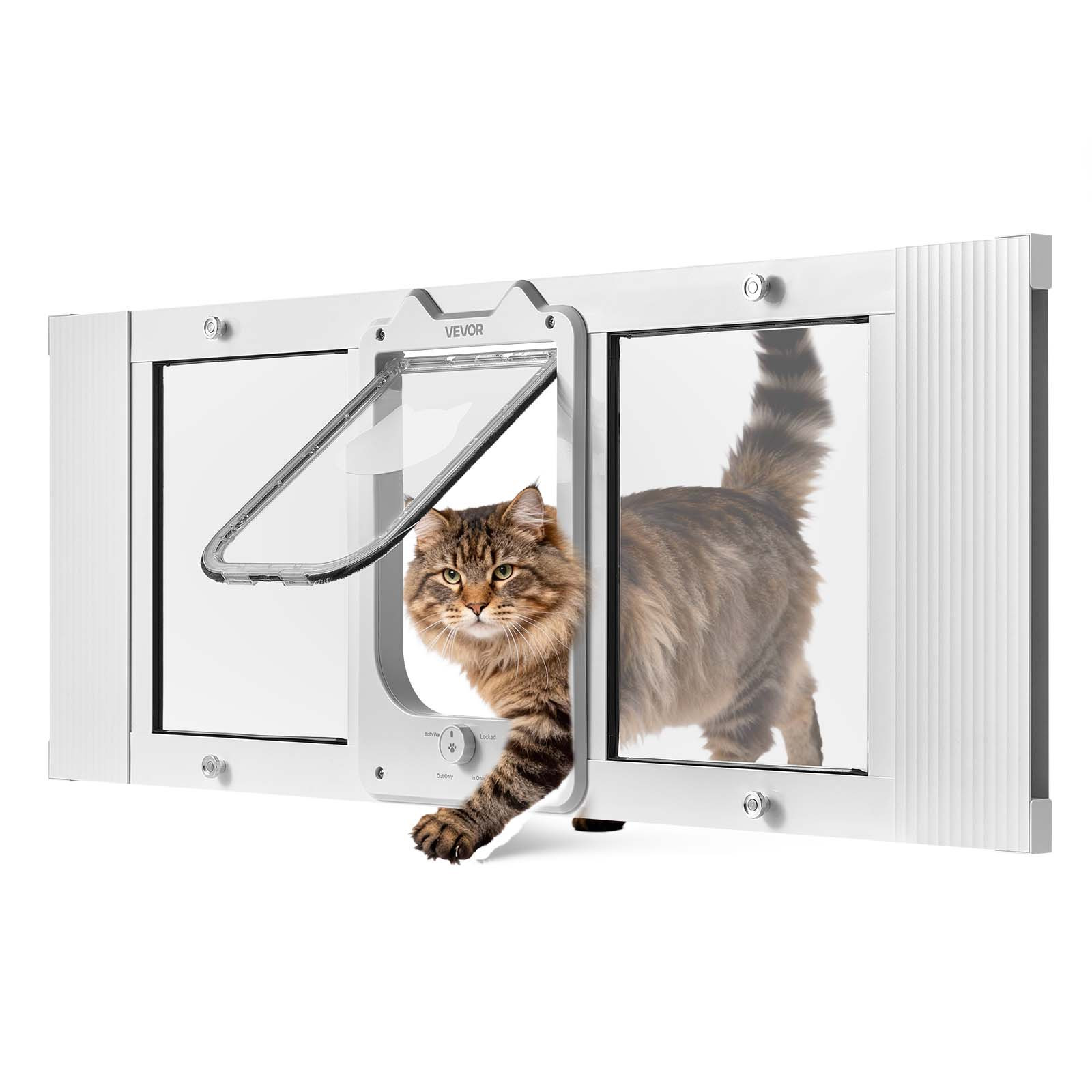 Image of Vevor Cat Door For Window, Adjustable To Fit Window Width 584-711 Mm, 4 , Aluminum Frame And High- Glass, Magnetic Closure, Quick-fit Pet Door For Cats, White