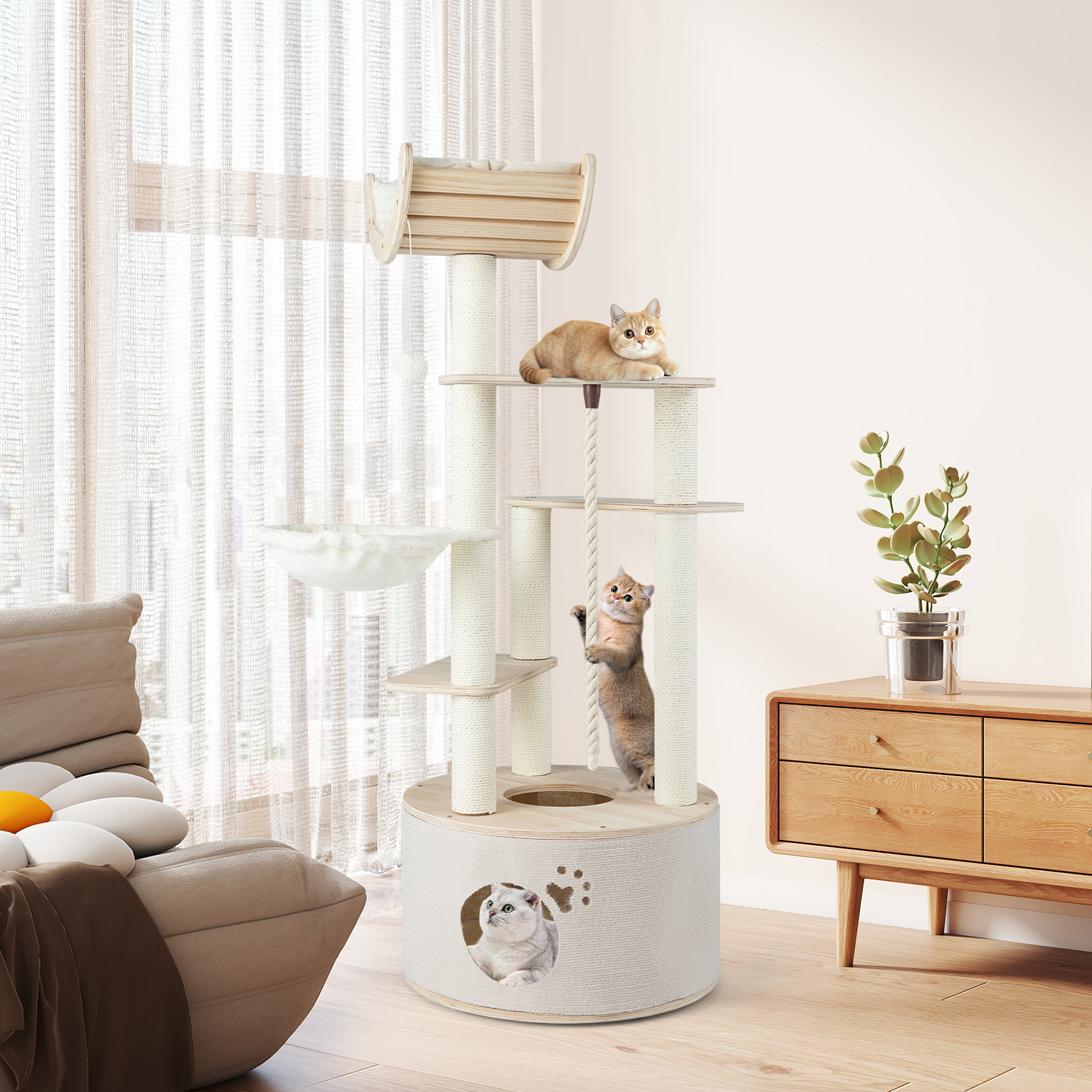 Image of 55.5" Tall Wooden Cat Tree For Indoor Cats, Solid Plywood Multi-level Kitten Tower With Condo, Curved Perch, Hammock, Scratching Posts, Hanging Ball & Rope, Washable Plush Cushions