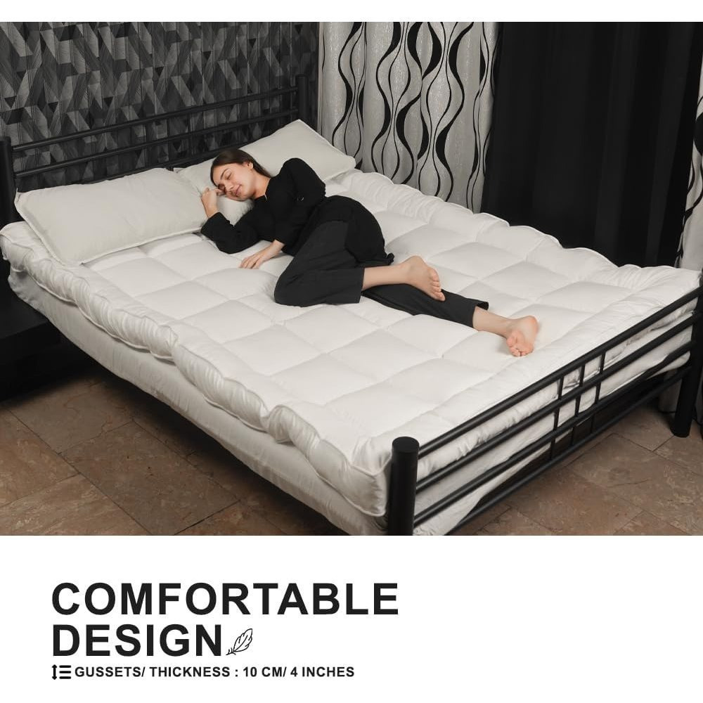 Supersoft Mattress Topper Bed - 4 Inch (10cm) Thick Mattress Topper with Elasticized Corner Straps - White