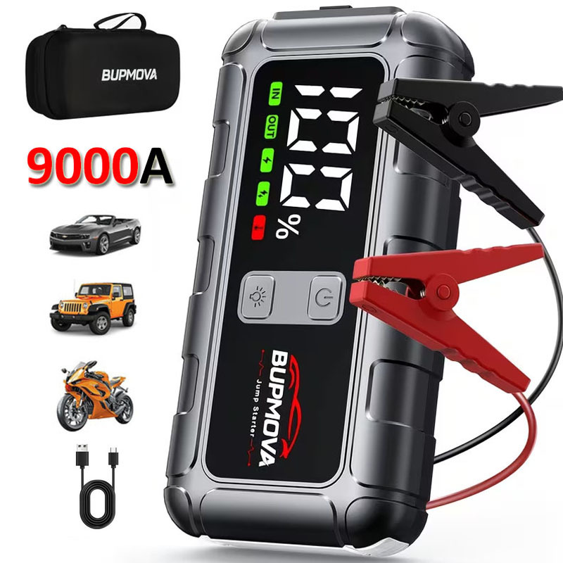 E-shop 9000A Auto-Starthilfe mit 21800mAh Powerbank, LED-Taschenlampe, großem LCD-Bildschirm, 12V Auto-Notstarthilfe mit tragbarem Trageetui