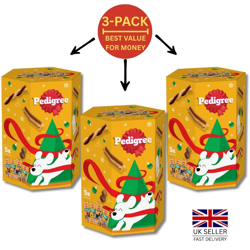 TEMU Pedigree Christmas Dog Gift Box 575g | Single Or 3-pack Bundle | Premium Festive Dog Treats & Chews Set | , Red & Green Seasonal Packaging |