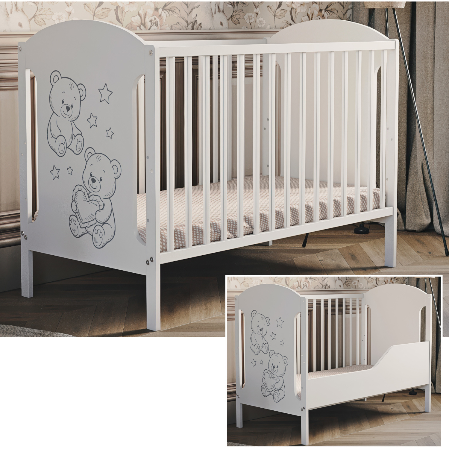 TEMU Hugo Baby Crib With Bed Rails, 60x120 Cm, Adjustable Height Slatted Base, Removable Rungs – Mattress Not Included