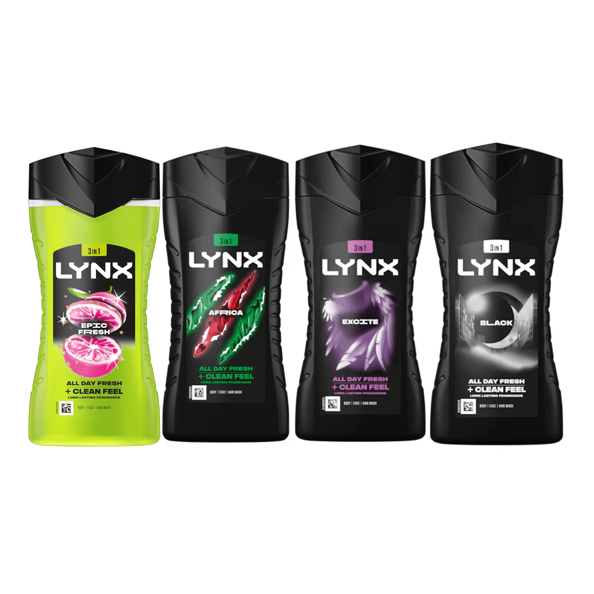TEMU Lynx 3-in-1 Shower Gel Bundle – 4 Pack Mixed Scents ( Fresh, Africa, Exotic, Black) – 225ml Each