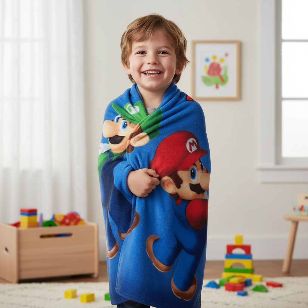 Official Soft And Warm Plaid Cover 100X140Cm for Kids with Pile And SUPER MARIO Print, Great Gift Idea