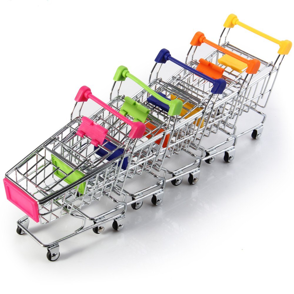 TEMU Juego de 5 piezas de mini carrito de compras de metal – Organizador de escritorio con forma de carrito de supermercado, cesta de almacenamiento