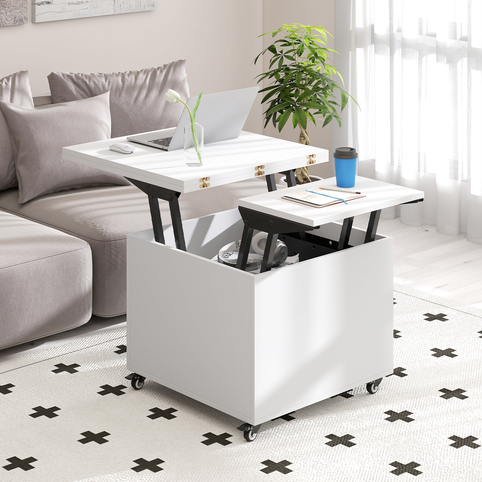 3 In 1 Folding Table With Hidden Storage, Drawer And 360° Lockable Wheels, Modern Extendable Dining Table, White