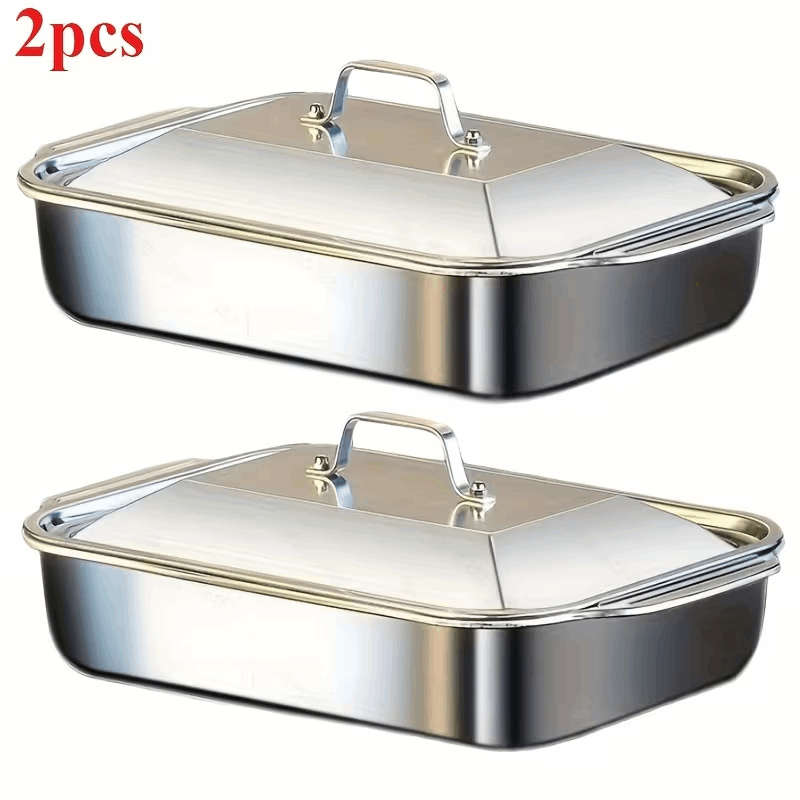 TEMU Stainless Steel Kitchen Roasting Pan With Lid, Rectangle Baking Pan For Seafood, Grilling, Roasting Fish, Cakes, Pastries, , Sets Of 2 Or 3,