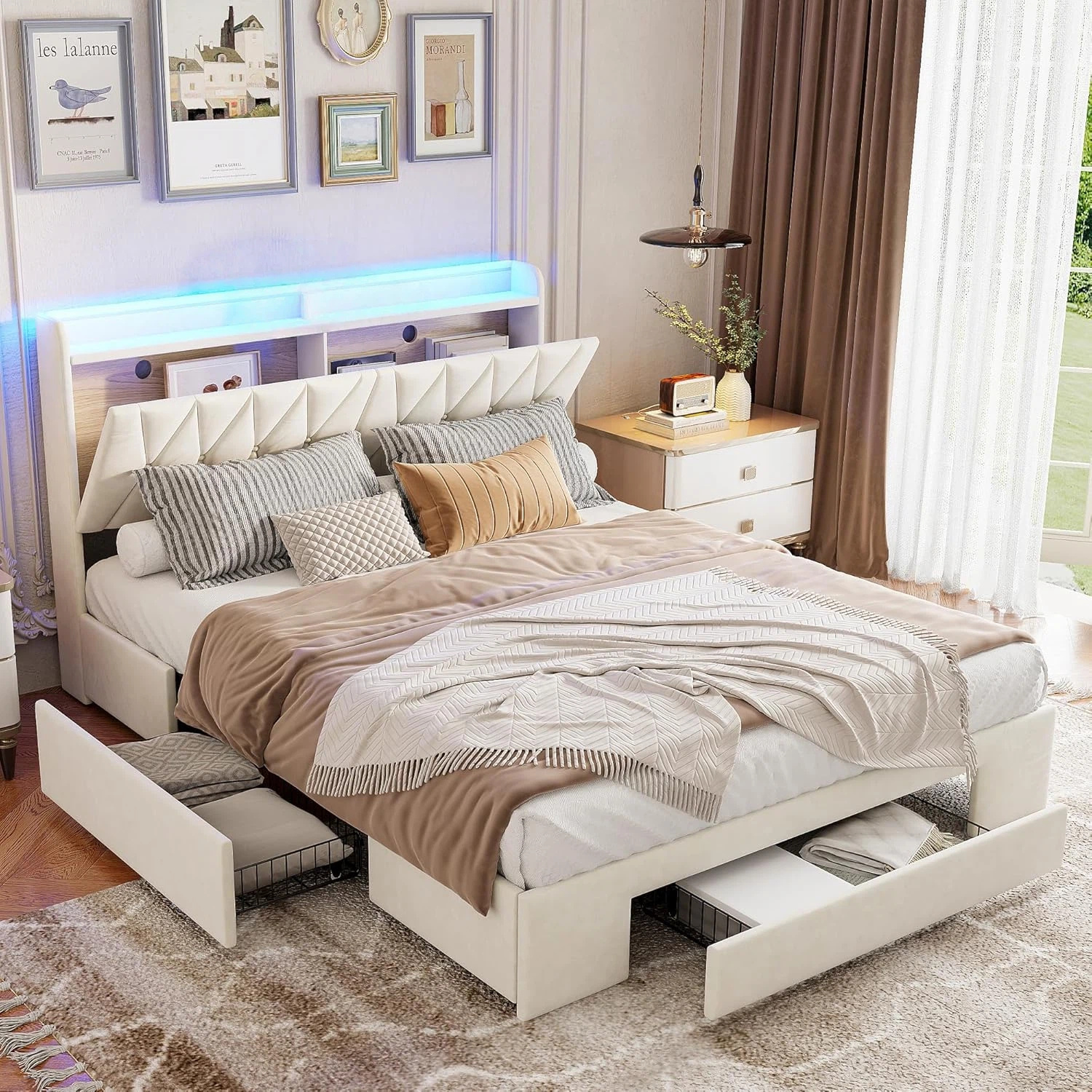 TEMU Lit YCZ rembourré avec chargeur USB, tête de et 3 tiroirs, matelas - Lit double avec rangement, cadre de lit pour jeunes, base à lattes en bois.