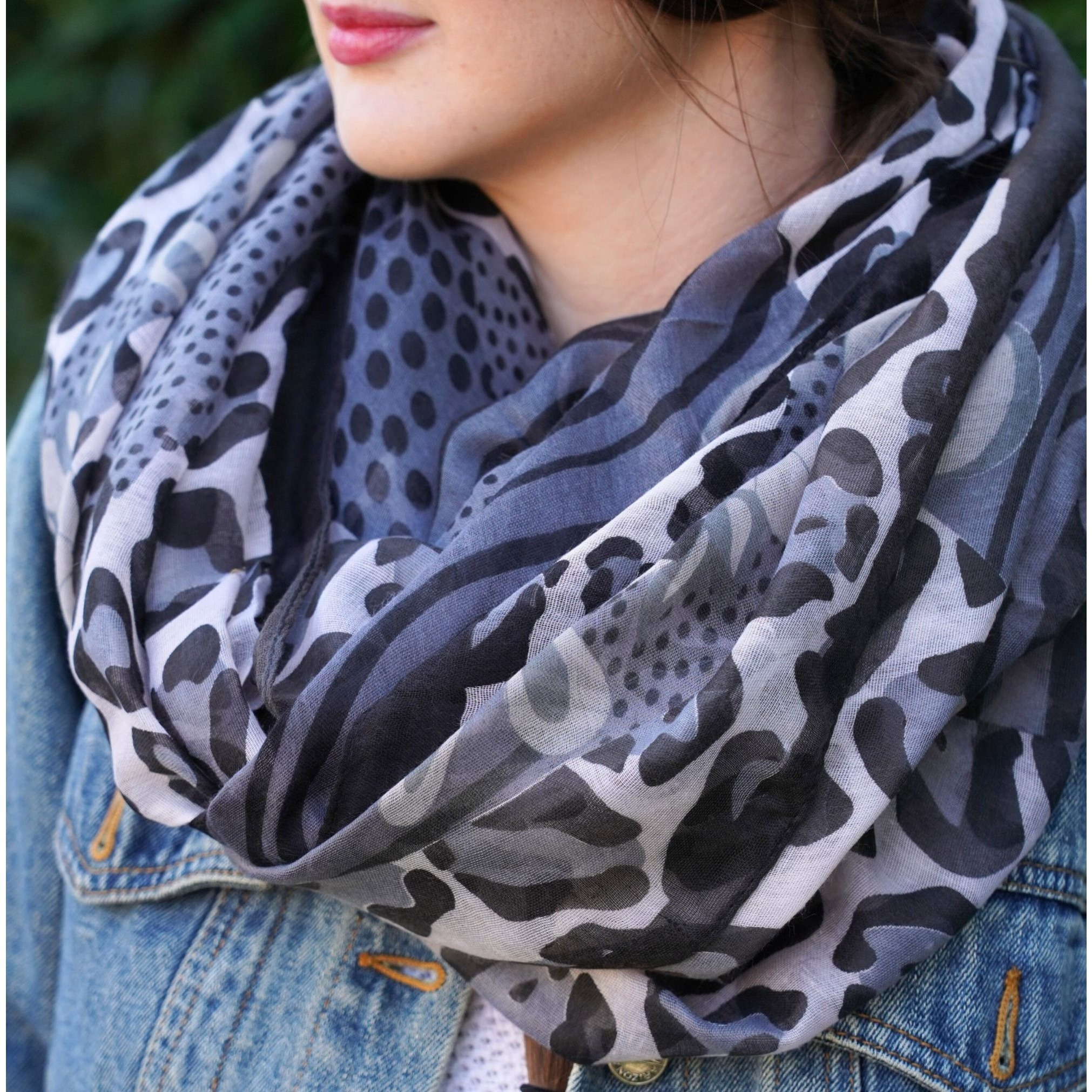 100% Viscose Women's Infinity Scarf Loop Scarf Large Thin Lightweight Animal Print Leopard Dots Grey