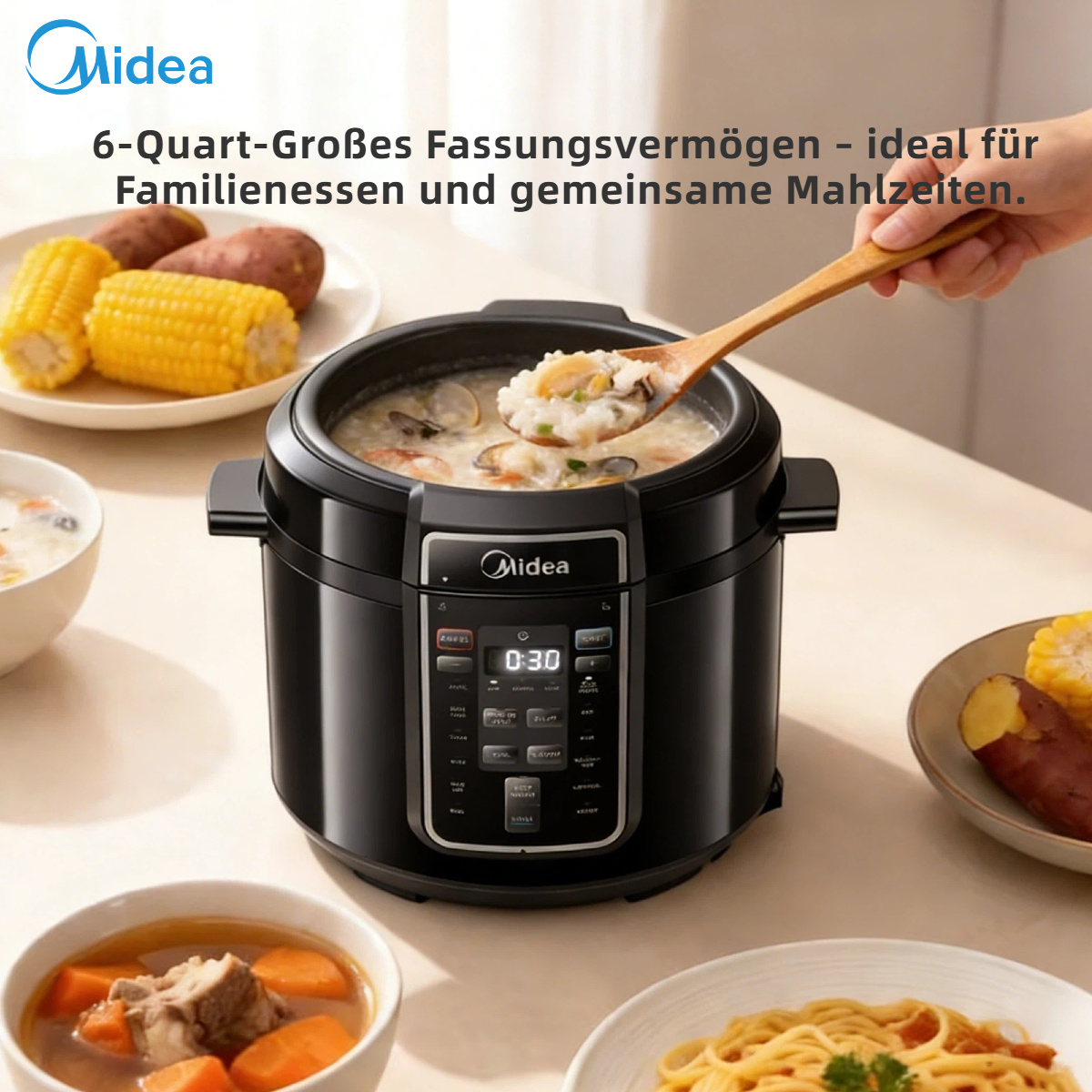Midea 6L Electric Pressure Cooker, 9-in-1 Multifunctional Pot, 14 Functions: Yogurt, Rice, Slow, Sous Vide, Steaming, Noodle Cooker. Versatile Meals Anytime. Stainless Steel Inner Pot (Easy to Clean), Black
