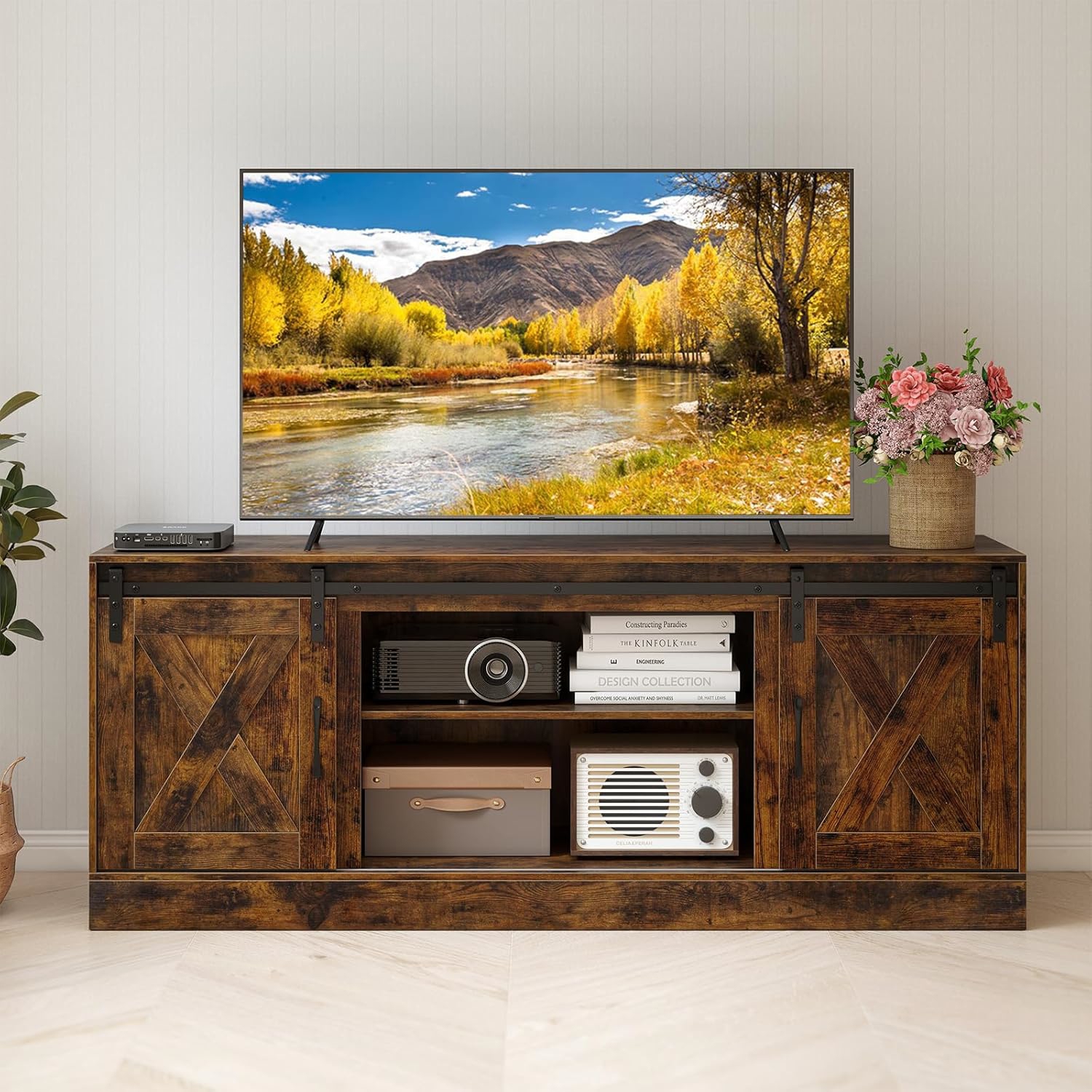 Image of Tv Cabinet With 2 Sliding Doors And Adjustable Shelves, Tv Stands For Up " Tvs, Tv Lowboard 150 X 39 X 60 Cm