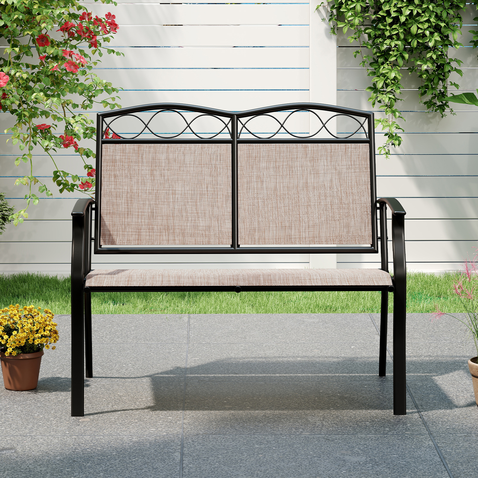 Image of 2-person Outdoor Bench, Heavy-duty Metal Loveseat With Breathable Fabric, Patio Seat Furniture With Curved Armrests For Backyard, Porch, Poolside, 300 Kg