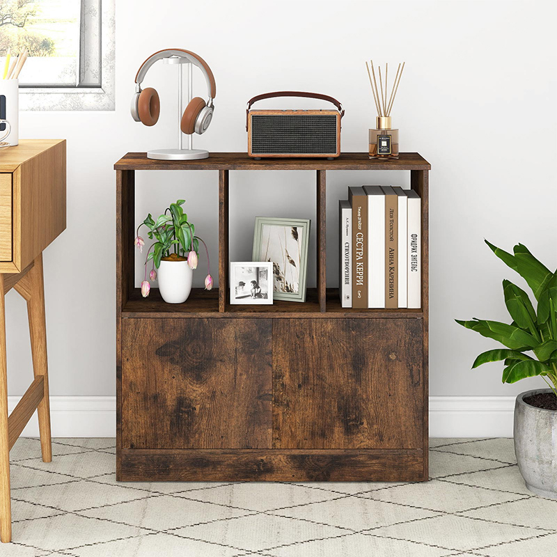 3-storey Bookshelf With 2 Doors, Cube Shelf With Open Compartments And Bookcase (brown, 70 X 30 X 70 Cm)