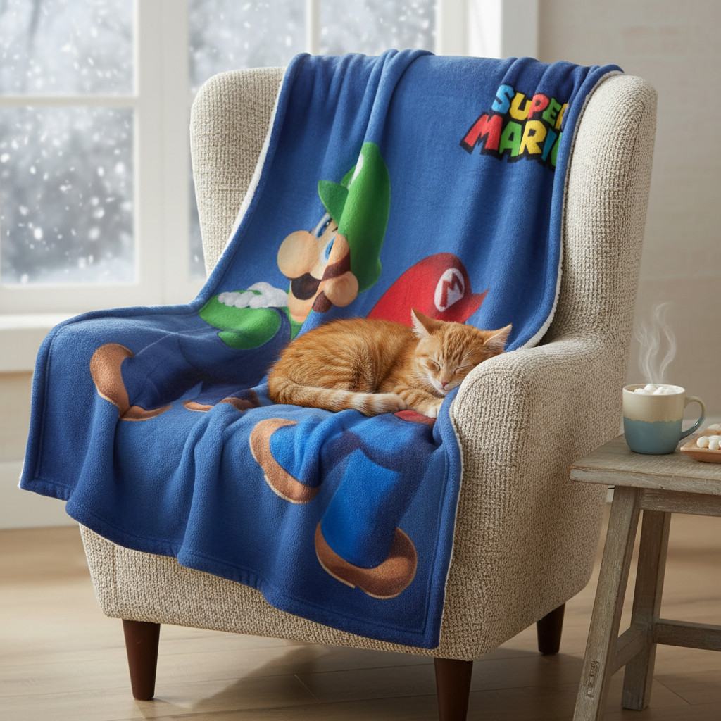 Official Soft And Warm Plaid Cover 100X140Cm for Kids with Pile And SUPER MARIO Print, Great Gift Idea