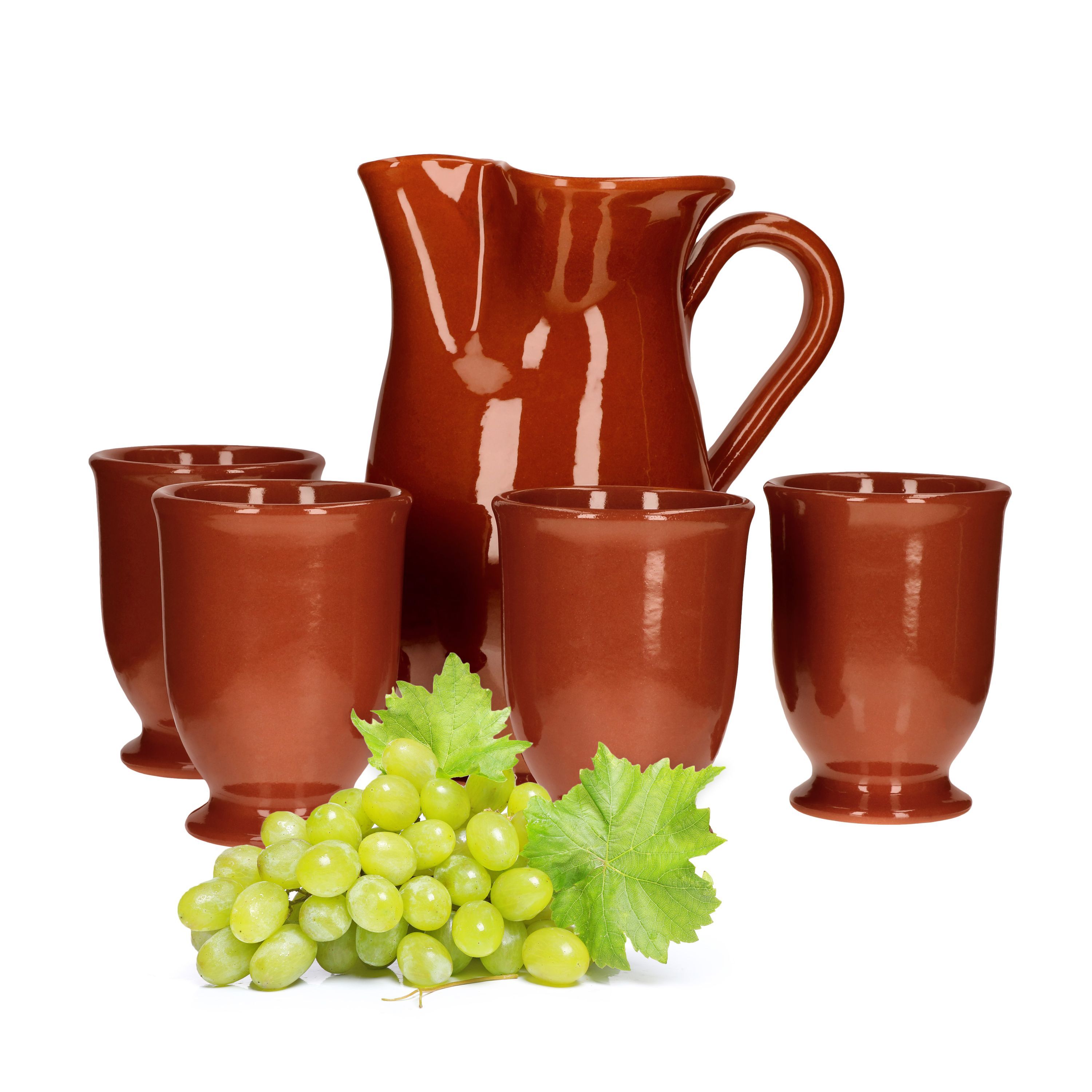 5-piece Clay Pottery Set: Clay Jug 1l + 4 Clay Mugs 175ml, Brown Glazed