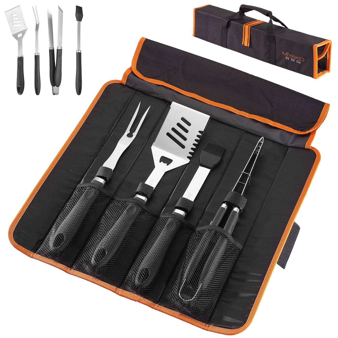 E-shop Grillbesteck 5-teilig Set Edelstahl Mit Tasche Fleischgabel Grillwender Marinaden-Pinsel Grillzange Tasche Grillen