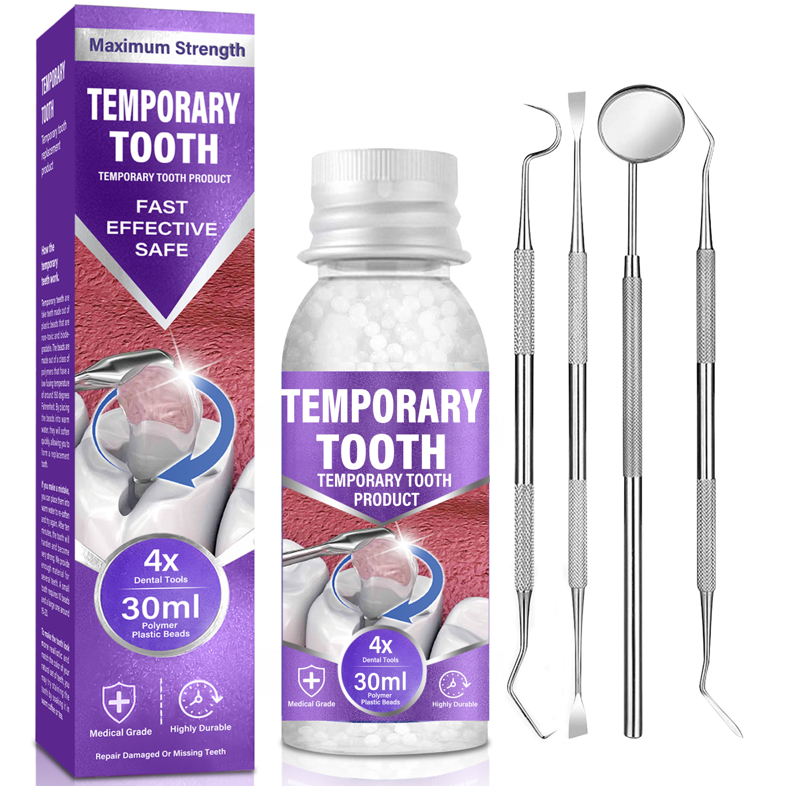 E-shop Zahnreparaturset, formbare Zahnfüllung Reparaturset für Zuhause, macht Sie wieder selbstbewusst lächeln, mit 4 Dentalwerkzeugen & 30 ml