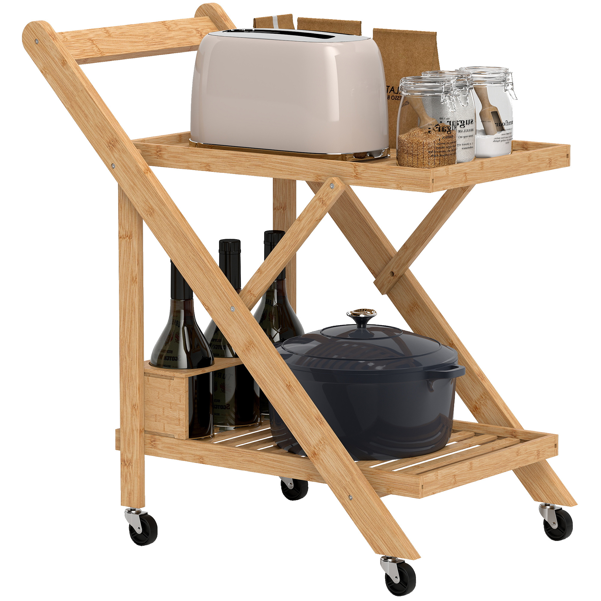 TEMU HOMCOM Desserte de cuisine en bambou, chariot de service pliable, avec 2 plateaux, 4 roues, 3 casiers à vin, 66 x 40 x 70 cm, bois naturel