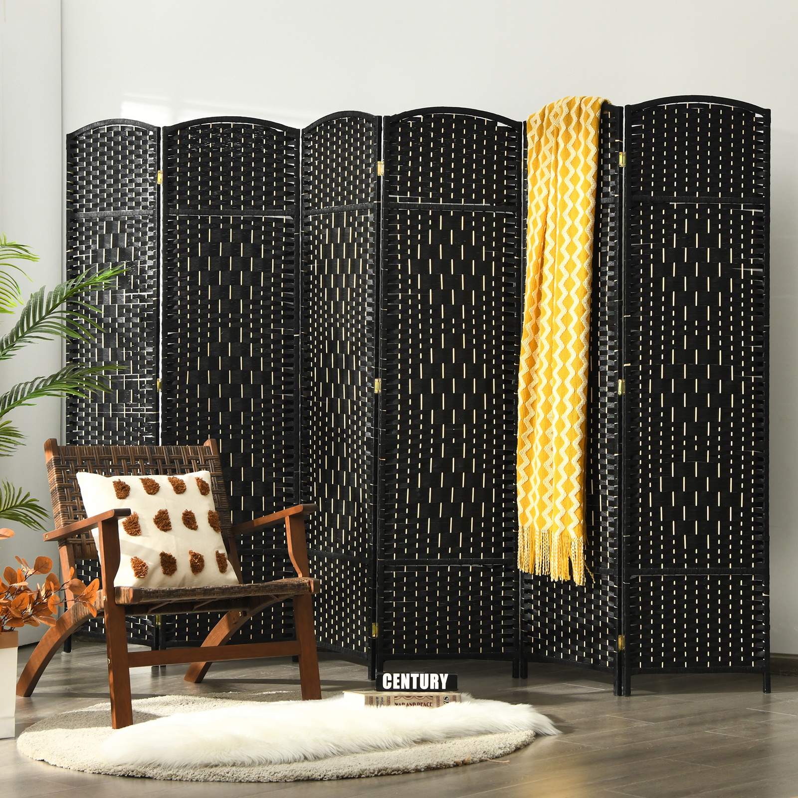 Image of 6-panel Curtain, Hand Woven Rotin Wall Partition, Folding Privacy Screen With Natural Wood Frame