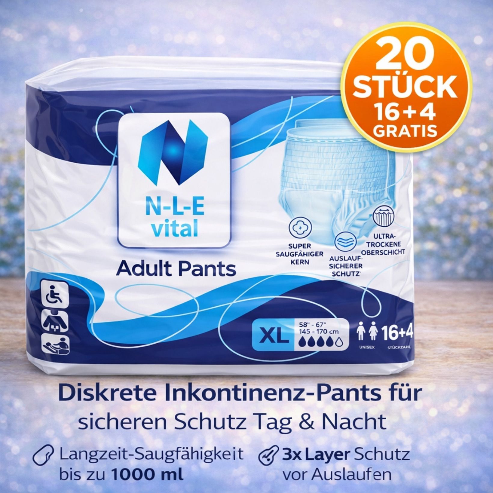 N-l-e Adult Incontinence Pants L/xl | 20 Pack (16 + ) | Pull-up Diapers | 1000 Ml Absorption Capacity