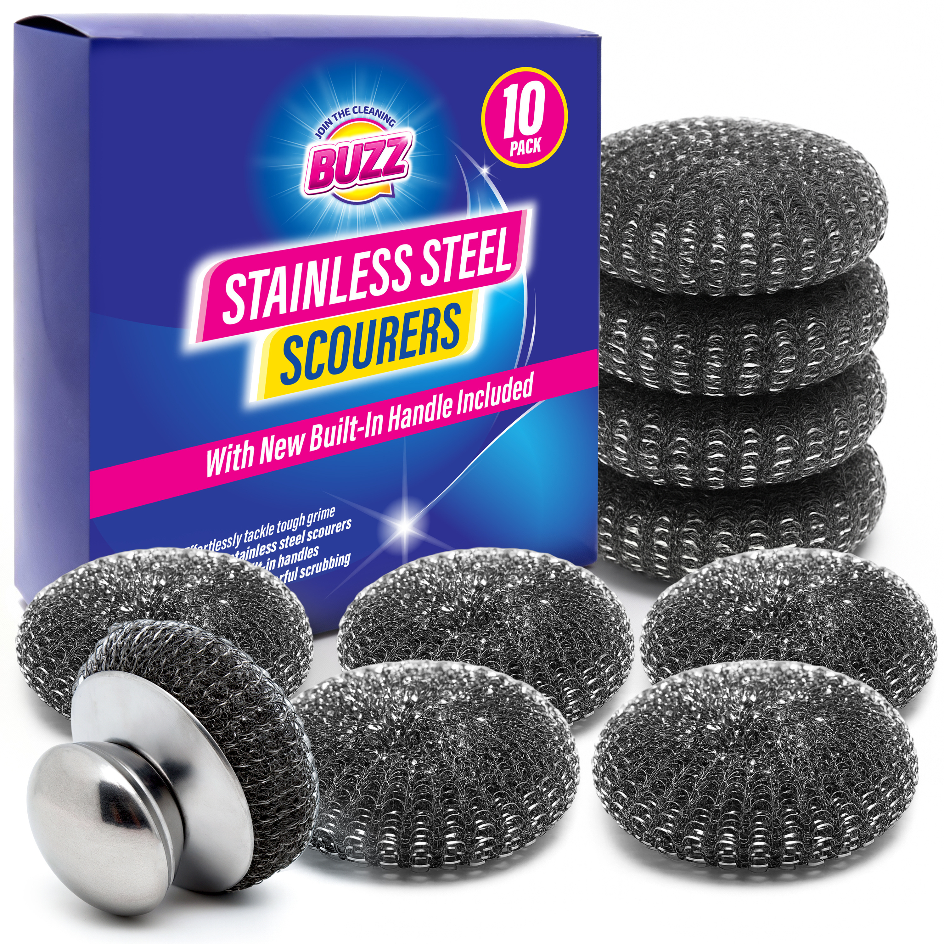 TEMU 10pk Stainless Steel Scourers With Handle | Heavy Duty Wire Wool Pads | Reusable Kitchen Scrubbers For Pots, Pans & Tough Cleaning Jobs