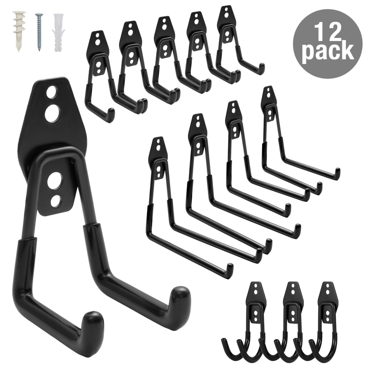 Image of Garage Wall Hooks, 12-pack Heavy-duty Garage Hooks, 4 Different Sizes, -performance Hooks For Garden Tools, Sports Equipment, Ladders, Garage Organization