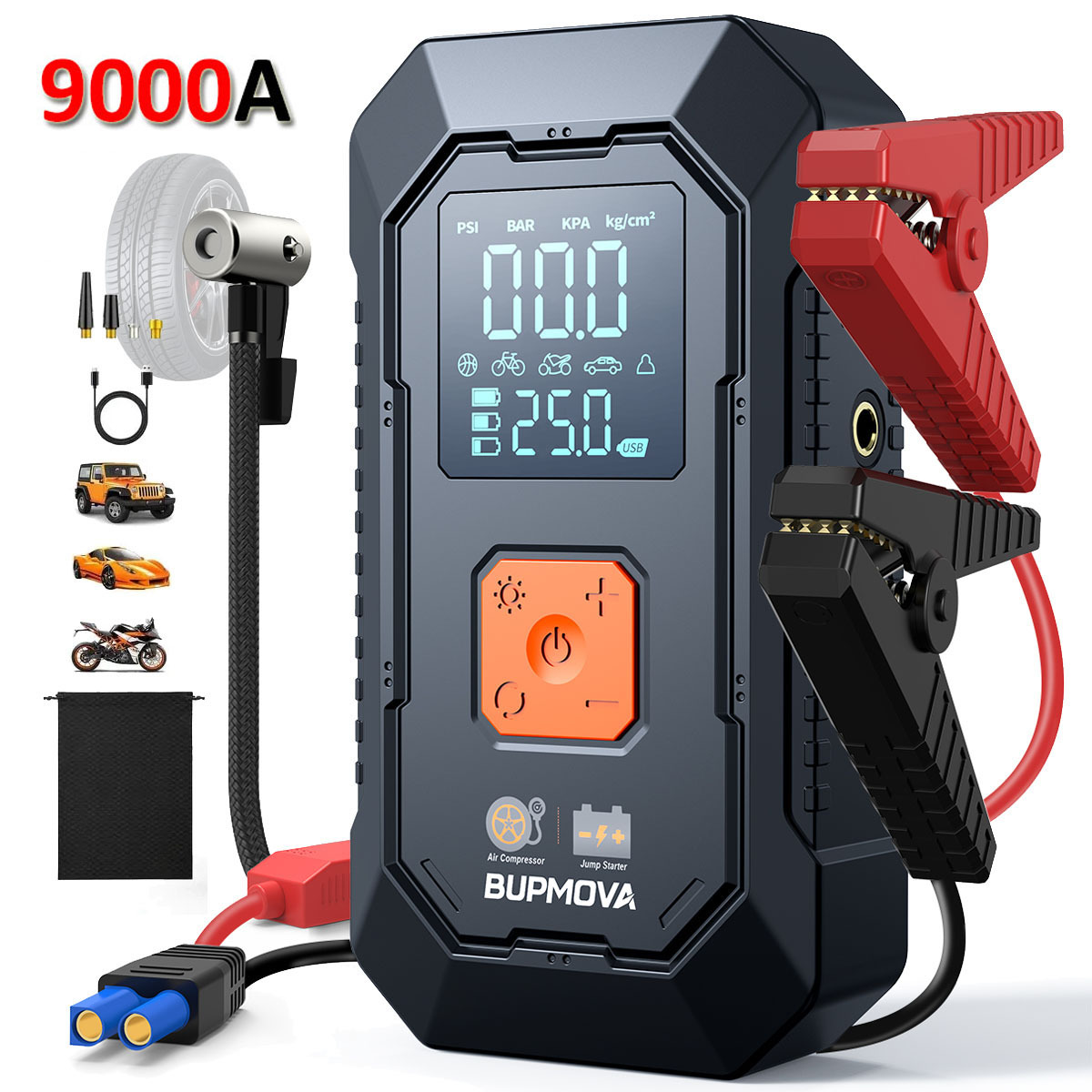 E-shop 9000A Auto Starthilfe mit Luftkompressor, kabelloser Reifenfüller, Batterie-Booster mit Powerbank & LED-Taschenlampen, 12V Auto Starthilfe-Box