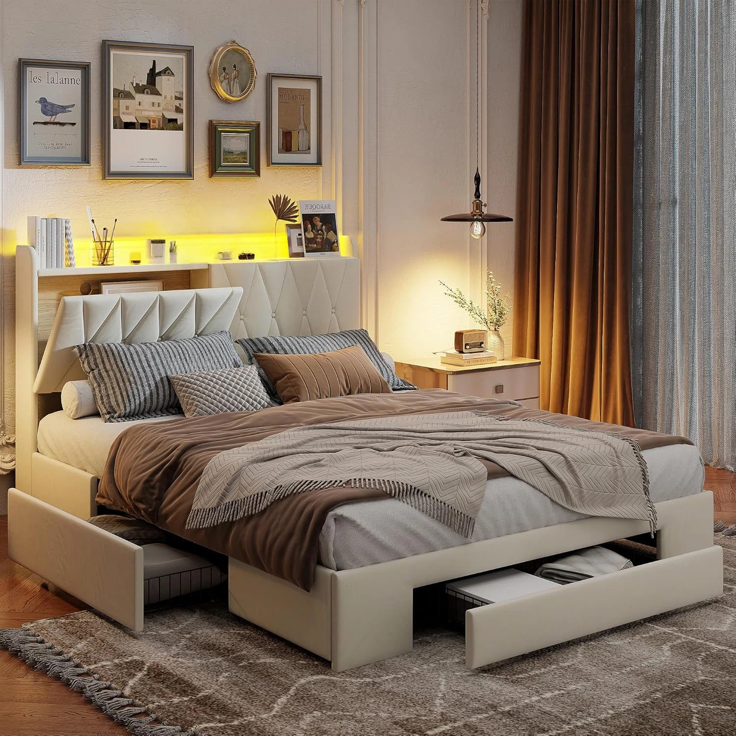 TEMU Lit YCZ rembourré avec chargeur USB, tête de et 3 tiroirs, matelas - Lit double avec rangement, cadre de lit pour jeunes, base à lattes en bois.