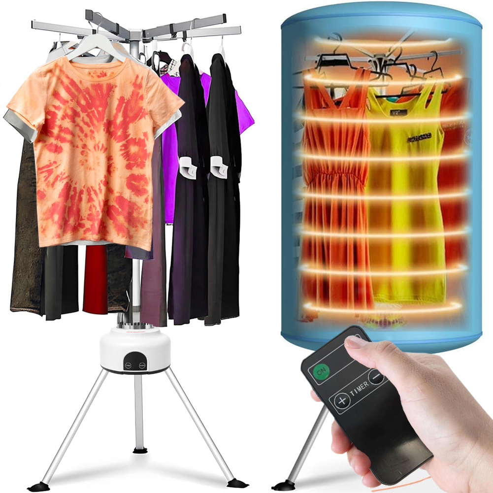 TEMU Secadora de ropa eléctrica BAKAJI con control remoto y pantalla de control, tendedero de ropa de aire caliente, potencia de 1000W, temporizador