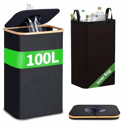 100l großer mülleimer mit deckel aus bambus – moderner rechteckiger abfalleimer für flaschen, , papier, plastik und metall, für außenbereiche, küchen und wohnzimmer – das geschenk für die feiertage