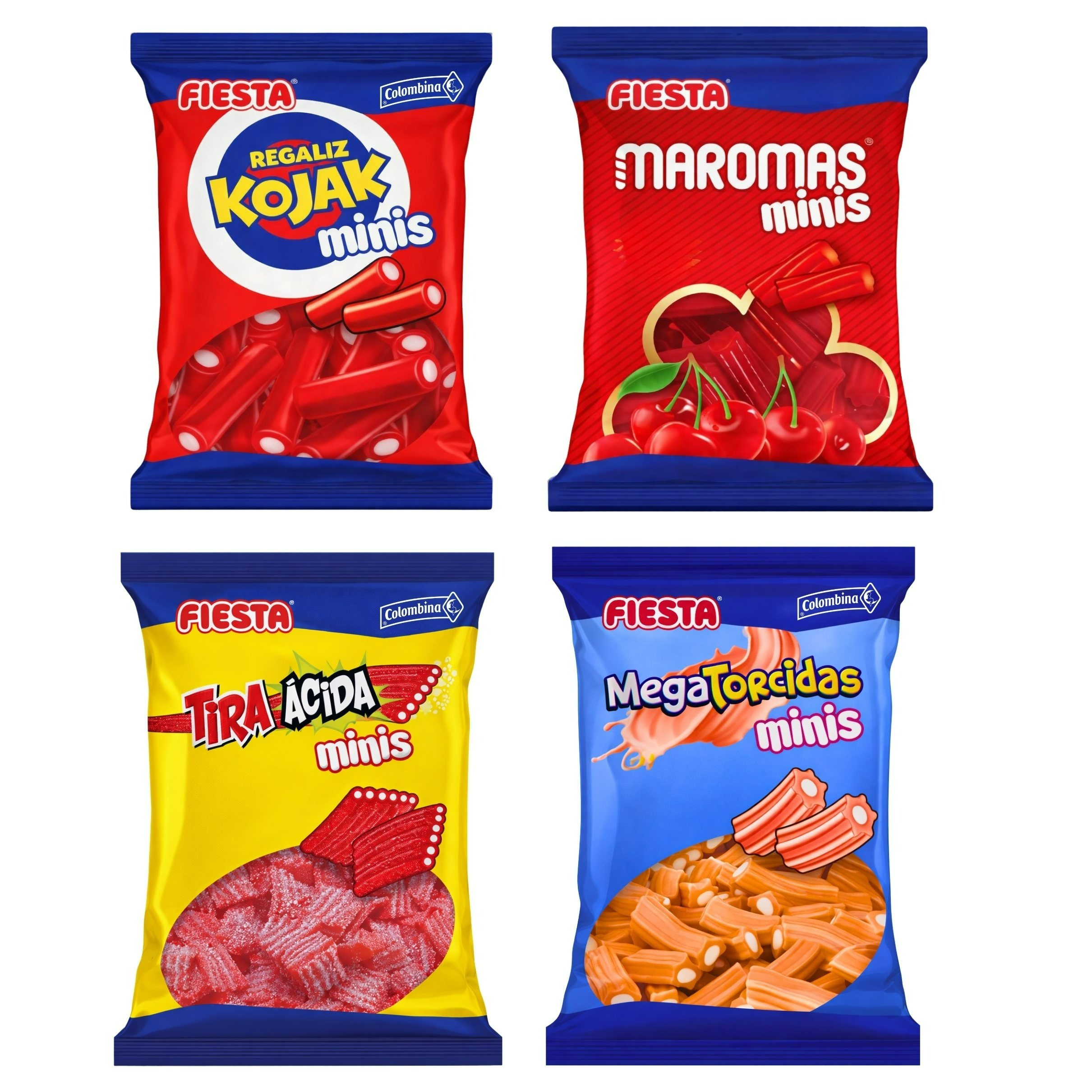 TEMU Pack Fiesta Minis 4 Bolsas x 80g – Tiras Ácidas, Mega Torcidas, Maromas y Regaliz Kojak Ácido | Surtido de Chuches Ácidas y Regaliz | 320g Total
