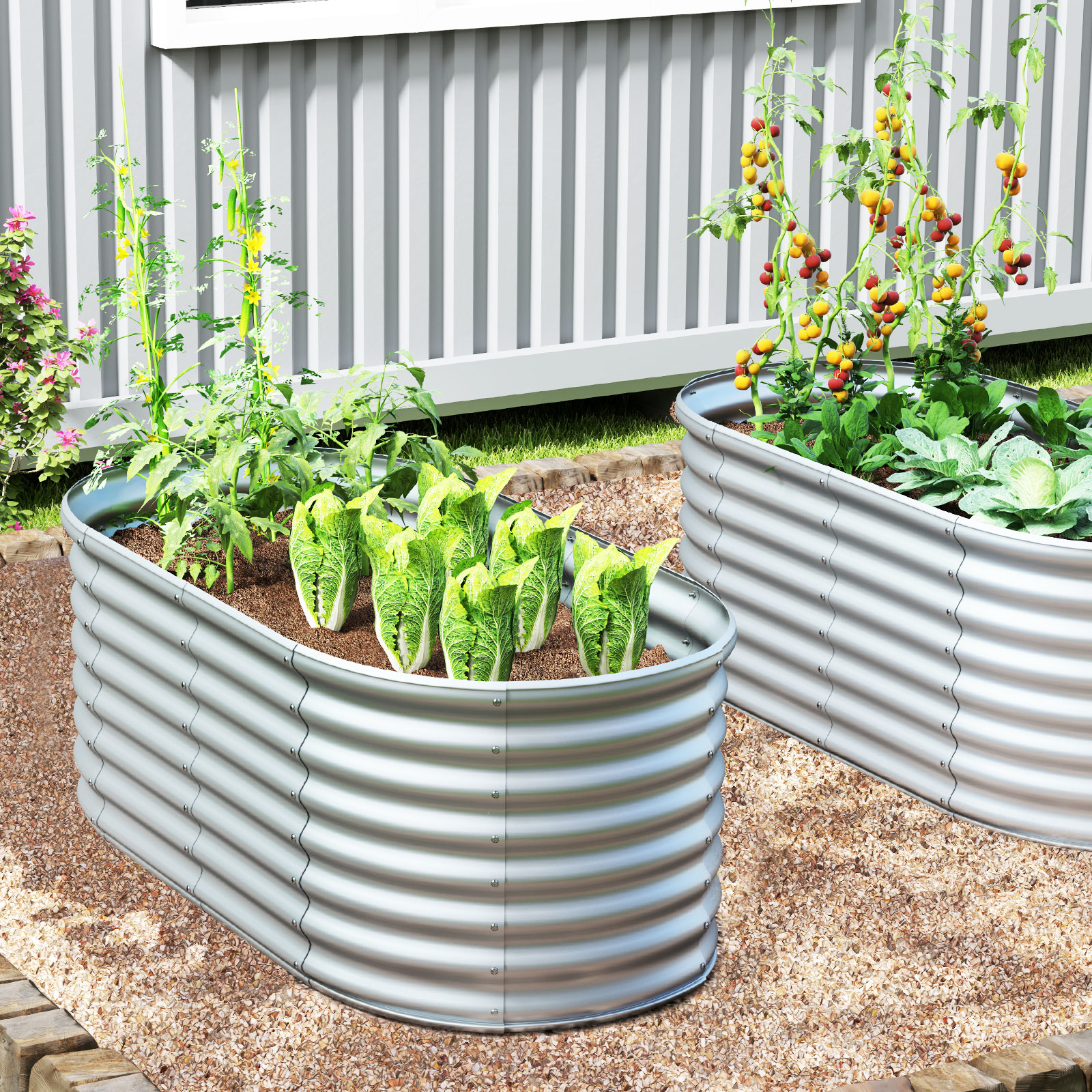 Image of Round Raised Garden Bed, 165cm Elevated Garden Planter W/open Bottom Design, Plate, Safe Round Edge, Outdoor Metal Planter Box For Vegetables, Flowers, Herbs, 65" X 32" X 24" (l X W X H)