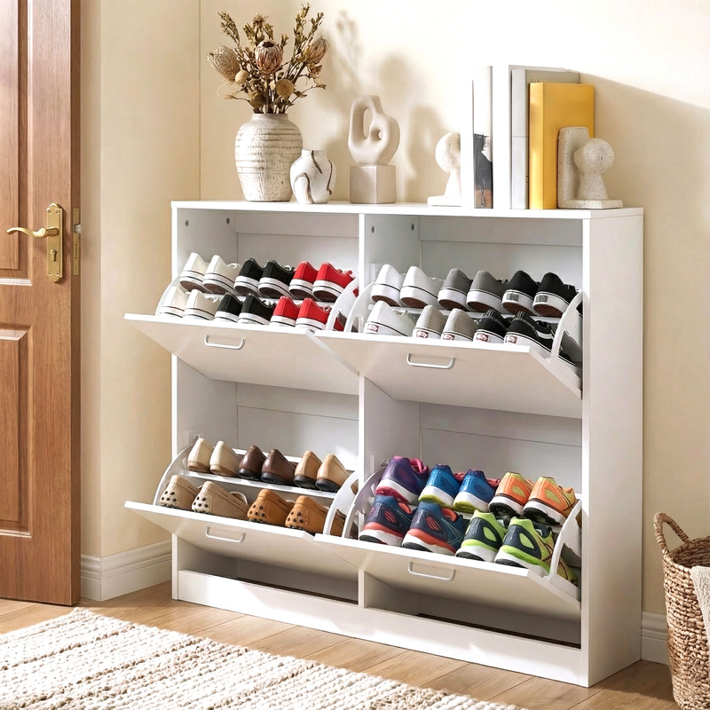 TEMU Zapatero, estante para zapatos, 24 x 105,5 x 82,7 cm, con 4 estantes, estantes ajustables, capacidad para 16-28 , para pasillo, color nieve