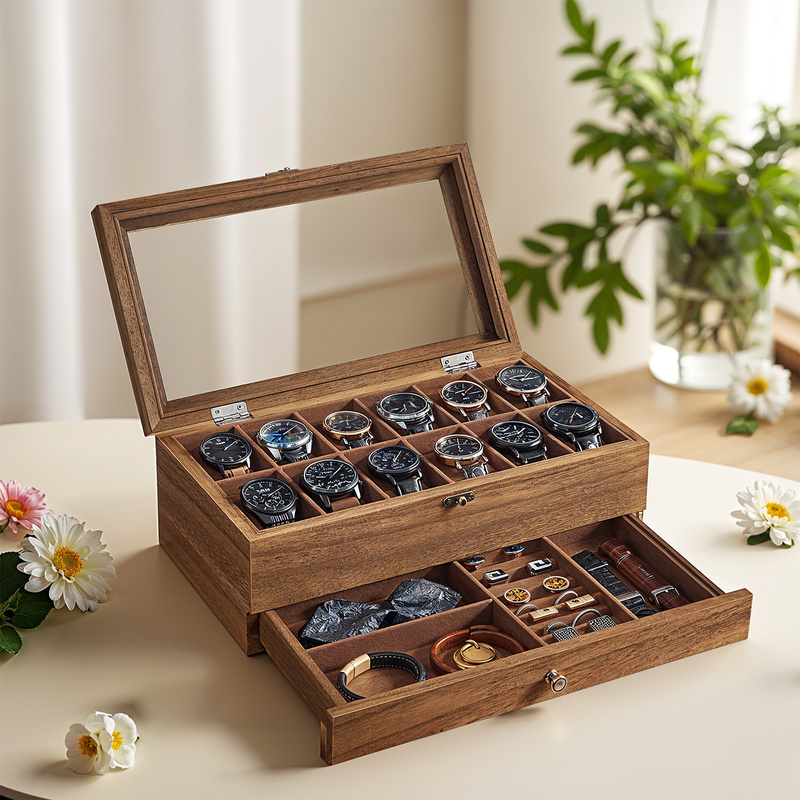TEMU Organizador de Relojes de Madera de 2 Niveles, Estuche con de Cristal y Almohadillas, Regalo para Navidad