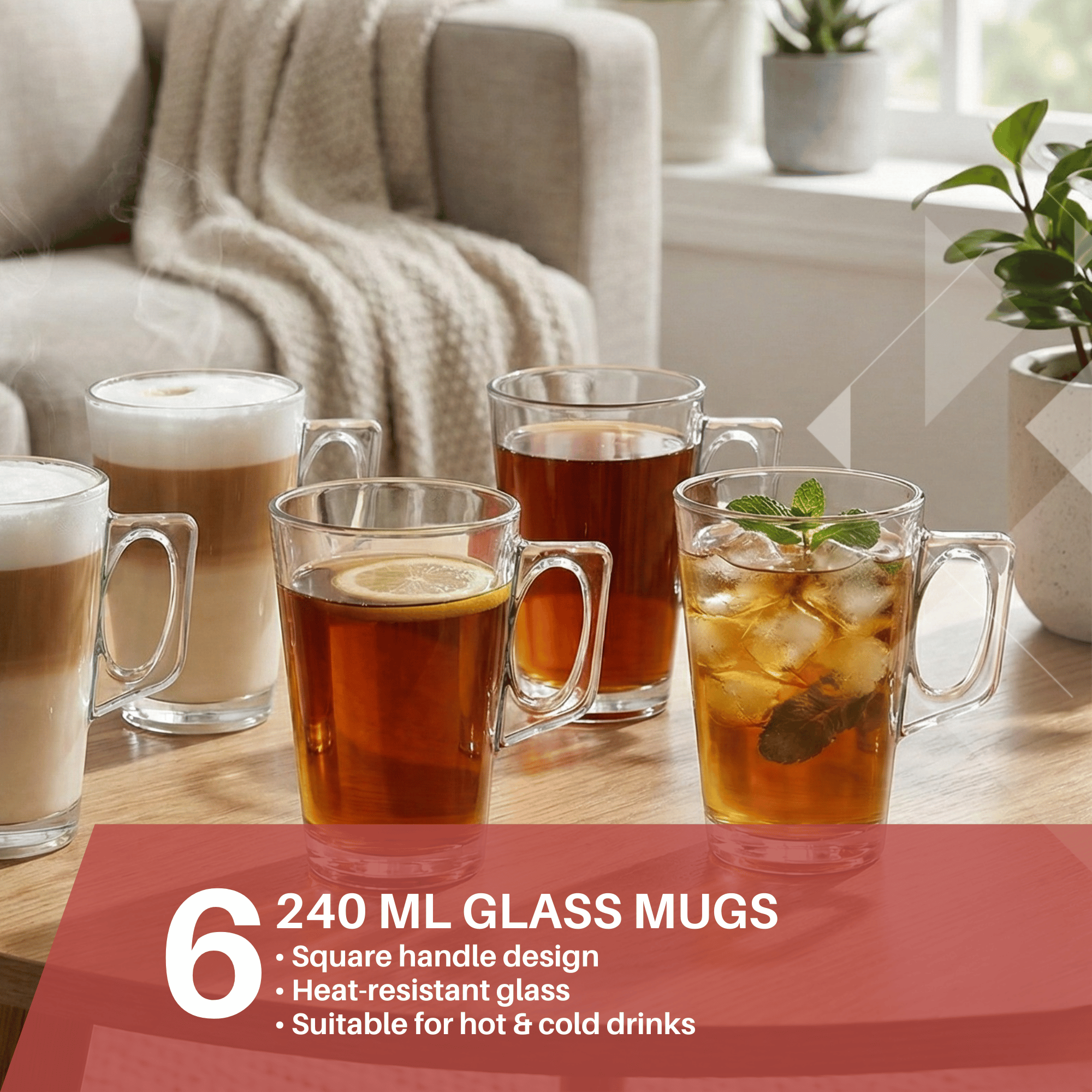 TEMU Set Of 6 Piece Clear Latte Glass Set 240ml – Temperature-resistant Coffee, Tea & Dessert Mugs With Handle