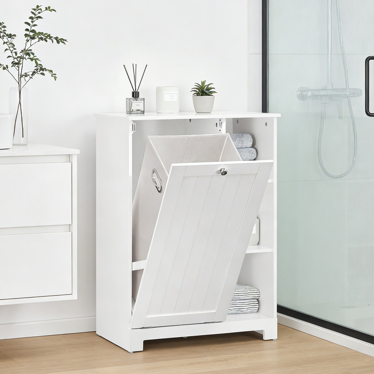 TEMU Armoire de Salle de Bain avec Panier à Linge Abattant Grande , Meuble Bas avec 3 Étagères de Rangement, MDF Blanc, Idéal Salle de Bain et