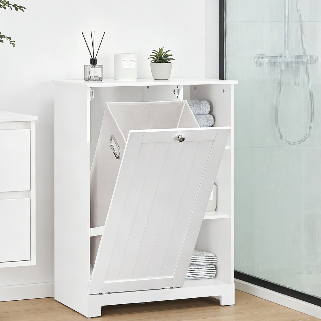 Image of 1pc Of Bathroom Cabinet With Laundry Basket, Folding Compartment, Bathroom Cabinet With 3 Open Shelves, Storage Furniture Made White, Ideal For Bathroom And Laundry Room, 60×37×86 Cm, Haotian