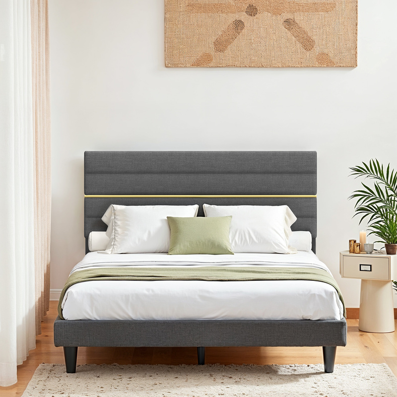 TEMU Estructura de cama , cabecera tapizada ajustable, metal y madera, , pizarra
