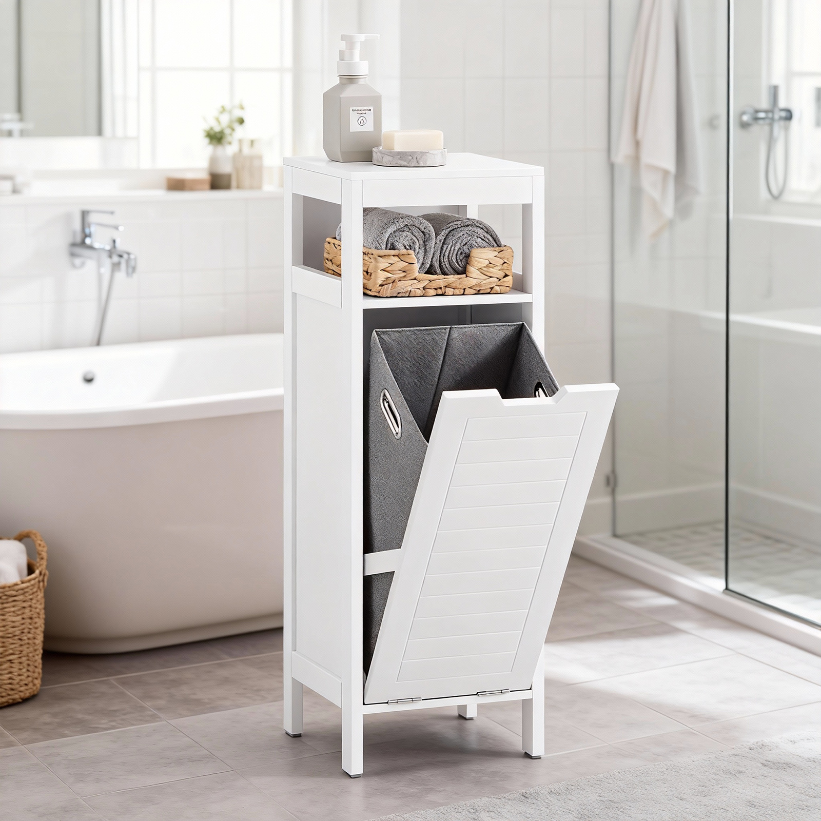 Image of 1pc Of Bathroom Furniture With Foldable Laundry Basket, Narrow Storage Cabinet With Open Shelf,bathroom Cabinet For Small Rooms, 30×90×30 Cm, White, Haotian