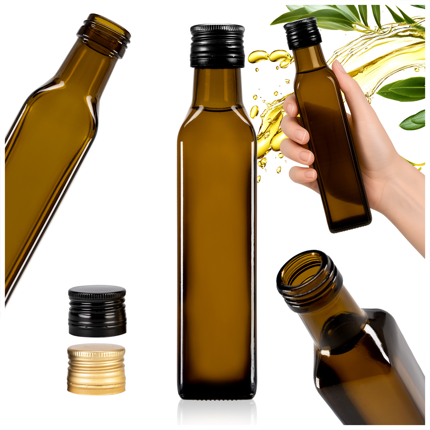 5-piece Glass Bottles For Olive Oil, Wine, Liqueurs, 250 Ml Bottles + Caps