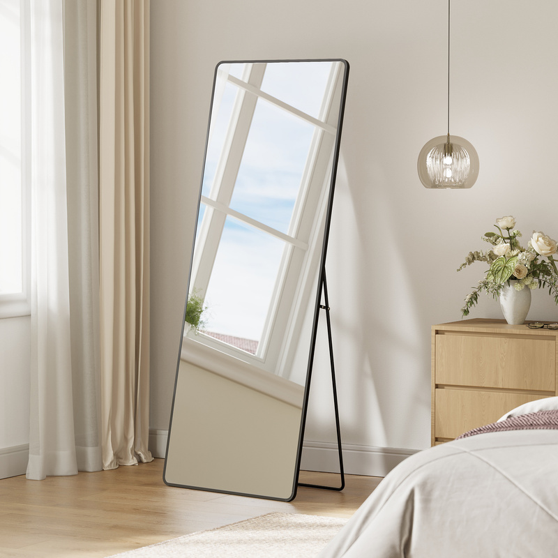 TEMU Espejo de cuerpo , espejo de pie rectangular, 165 x 60 cm, con soporte, vidrio templado, de aleación de aluminio, adecuado para dormitorio, ,