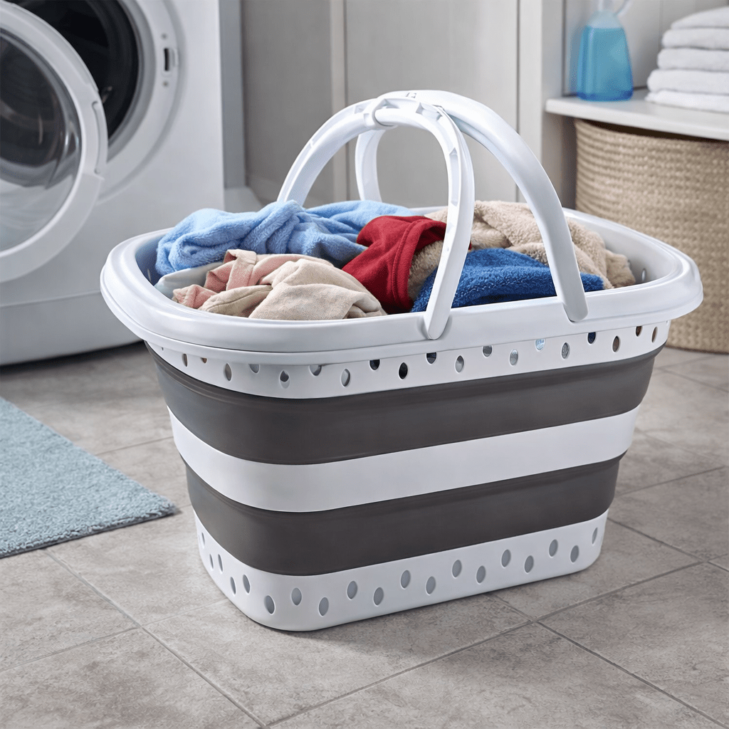Retractable And Foldable Laundry Basket With Handles - 45 - White Gray