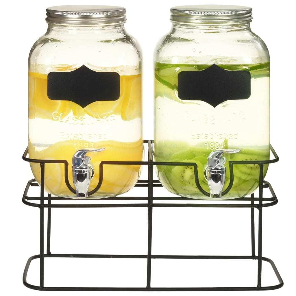 Image of Vidaxl 2x Beverage Dispenser With Stand, Tap, Water Dispenser, Juice Dispenser, Water/juice/cocktail Dispenser, Mason Jar Glass Dispenser, 2x4l Glass